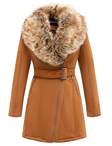 Bellivera Women's Faux Suede Leather Long Jacket, Wonderfully Parka Coat with Detachable Faux Fur Collar 7923 Camel M
