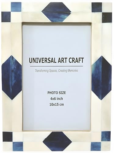 UNIVERSAL ART CRAFT Handmade Bone Inlay Photo Frame 4x6 Inch | Blue & White Geometric Diamond Decorative Picture Frame | Luxury Artisan Tabletop & Wall Display | Home Décor Gift