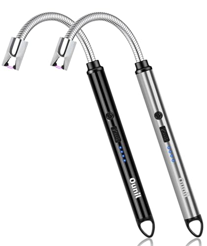 Ounil Electric Lighter 2-Pack Candle lighters USB Rechargeable Type-C Windproof Flameless arc Lighter LED Battery Display, Suitable for Light Candle Firework BBQ Camping (Black&Silver