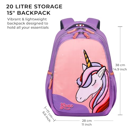 Image of Gear Unicorn 15 inch /20L Small Water Resistant School Bag /Casual 3 Compartment Backpack /Daypack /Travel 3 Compartment Backpack /Kids Bag for Boys /Girls (Pink-Purple)