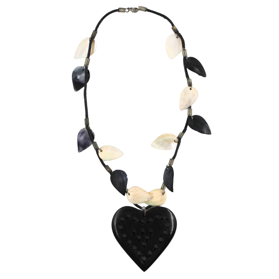 Handmade Black & White Sea Shell Necklace Heart-Shaped Wooden Pendant 13 Inch Length