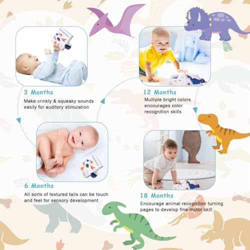 Image of SNOWIE SOFT 3D Baby Cloth Dinosaur Book 0-3 Years Soft Fabric Rustle Mirror | Sensory Play, Easy Grip Pages for Little Hands, High Contrast Patterns, Crinkle Sound, Washable Cloth, Reflective Panel