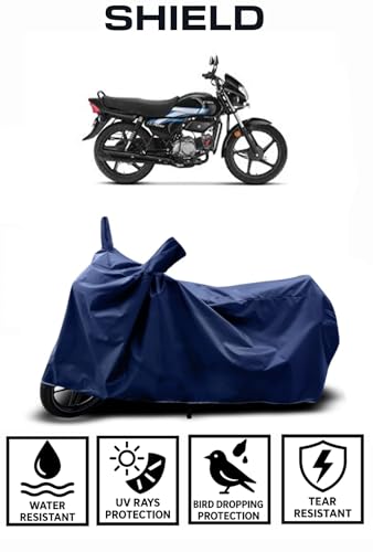 Image of Shield Heavy Duty Bike Cover for Hero Hf 100 | All-Season, Tear-Proof Fabric | with Side Mirror Pocket & Buckle Belt | Hero Hf 100 Bike Cover (Blue)
