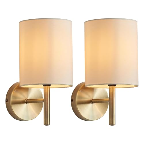 National Lighting Tatum Decorative Contemporary Antique Brass E14 LED Compatible Wall Light with a Cream Fabric Drum Shade - 2 Pack
