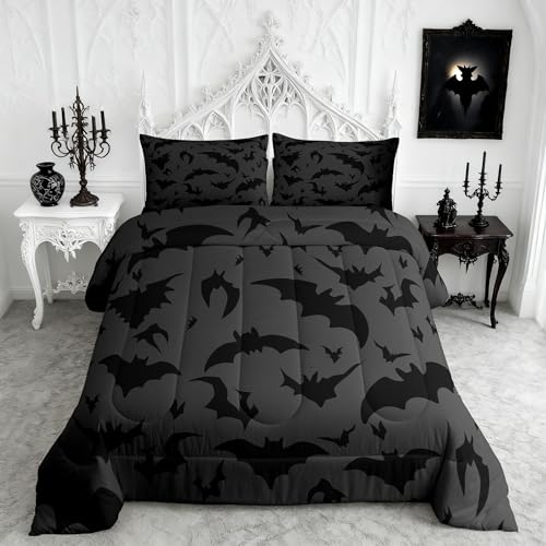 Homewish Black Bat Comforter Set Full Size Halloween Night Bedding Set for Kids Boys Men Halloween Decor Children Bats Down Comforter Horror Black and Gray Quilt Set Room Decor 3Pcs