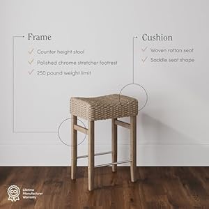 Nathan James Harvey Rattan Bar Stool Bohemian Counter Height Stool with Woven Seagrass Seat Solid Wood Legs and Metal Footrest SeagrassBrushed Gray Set of 2