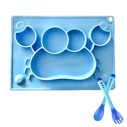 Kuiji Piatto in Silicone per Bambini, con Cucchiaio e forchetta, Approvato dalla FDA, Senza Bisfenolo A, Antiscivolo, Vassoio per Alimenti, 4 Forti Ventose, 1 Foro per appenderlo (Granchio Blu)