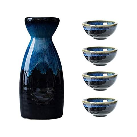 Uziqueif Sake set made of Japanese ceramics, ceramic, 4 sake cups, 1 sake pot, 5 parts, Japanese Liquor Sake Set Porcelain Traditional Ceramic Cups Crafts Temperature Wine Glasses,B Cover