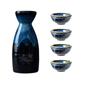 Uziqueif Sake-set van Japans keramiek, keramiek, 4 sake-bekers, 1 sake-pot, 5-delig, Japanse liquor sake set porselein traditionele keramische bekers Crafts temperatuur wijnglazen, B