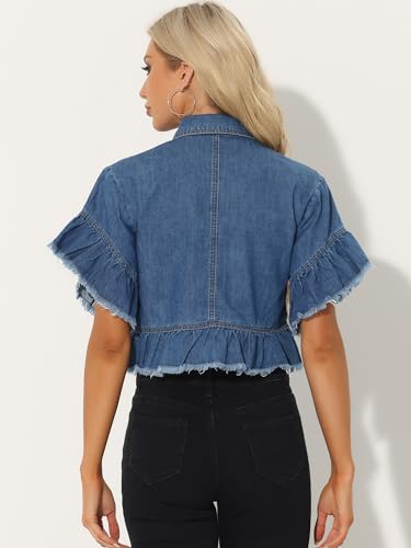 Allegra K Denim Jacket for Women's Button Down Ruffled Short Sleeve Lightweight Peplum Hem Jean Jacket4