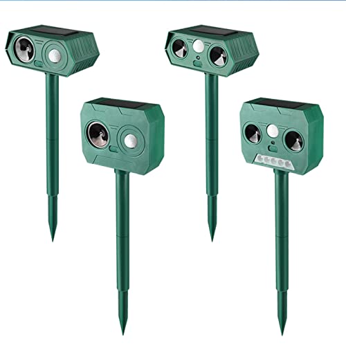 Anoudon 4pcs Ultrasonic Outdoor Animal Repellent. Solar Animal Repellent. With Flashing LED Lights, Siren Repellent, Cats, Dogs, Rac Green, Mice, Marten Repellent, Weatherproof IP66