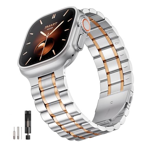 Image of Bestig Compatible with Apple Watch Bands for Men Women 40mm 38mm 41mm 42mm(Series 11 10), Premium Solid Stainless Steel Metal Business Strap for iWatch Series 10 9 8 7 6 SE 5 4 3 2 1, Silver /Rose Gold
