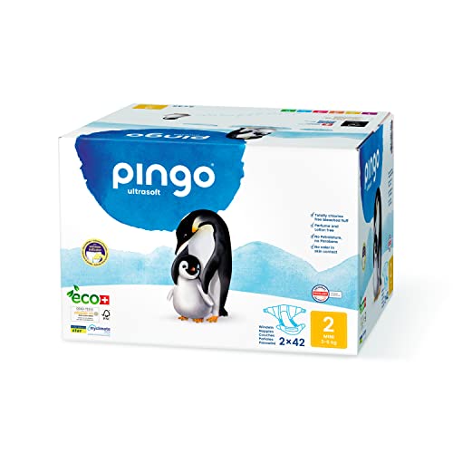 Pingo - Pañales Talla 2 Mini -2 paquetes de 42 unidades- 3-6 kg -Pañales para bebé - Anti-alergénicos sin perfume- Máxima Absorción - Pañales ecológicos - Pieles sensibles - Color Blanco