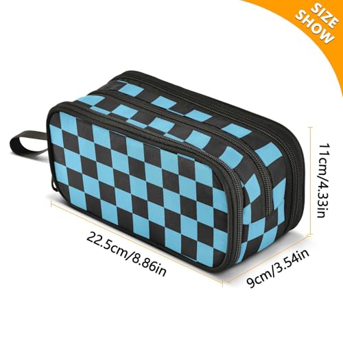 Image of Black Blue Checkered Pattern Pencil Case Box Boys Girls Large Pencil Pouch Zipper Compartments Big Capacity Stationery Pen Bag Organizer for Kids Teens Adults School Office