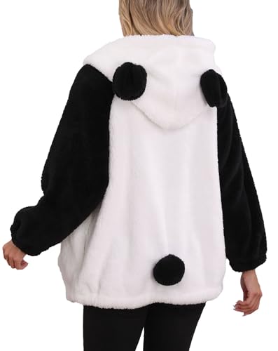 acdiac Fluffy Kawaii Panda Hoodie With Ears Tail Animal Top Cute Panda Bear Zip Up Jacket Winter Women Girl Sweet Sweater Coat (White-Panda)