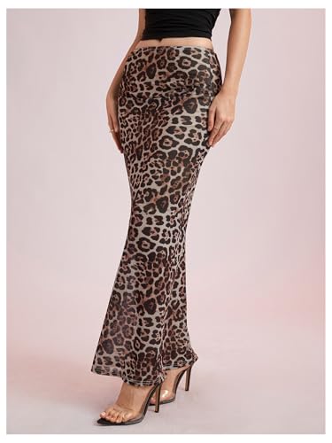 WDIRARA Women's Leopard Print Mesh Skirt Ruched Split Thigh Low Waist Maxi Skirts4