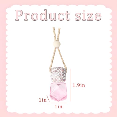 Image of Bling Car Hanging Bottle, 2PCS Crystal Rhinestone Empty Clear Vehicle Essential Diffuser Glass Pendant with Wooden String, Diamond Auto Interior Oil Vase Decor, Universal Fit (Pink)