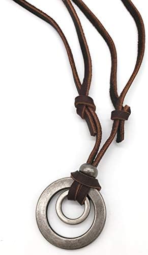 Jonline24h Mens Womens Double Ring Pendant Adjustable Leather Cord Necklace Chain, Brown Silver