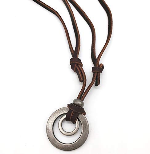 Jonline24H Mens Womens Double Ring Pendant Adjustable Leather Cord Necklace Chain, Brown Silver #TOP1