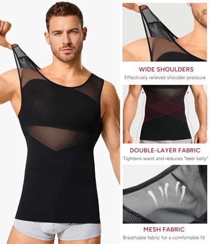 Nebility Mens Compression Shirt - Slimming Undershirts Body Shaper Vest Mesh Shapewear Tummy Control Tank Tops Black - 2