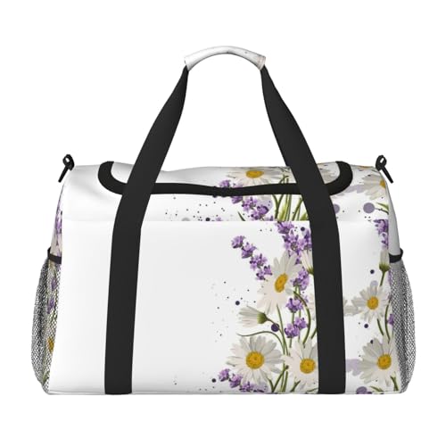 Sac de nuit imprimé lavande et marguerites grand format noir pour sport et week-end