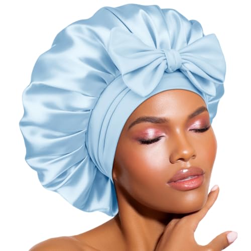 BONNET QUEEN Double Layer Silk Bonnet for Sleeping for Women Satin Lined Bonnet Night Cap for Curly Hair with Tie Band,Light Blue