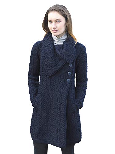 Aran Crafts Women's Cable Knit Soft Collar 3 Button Coat (100% Merino Wool)