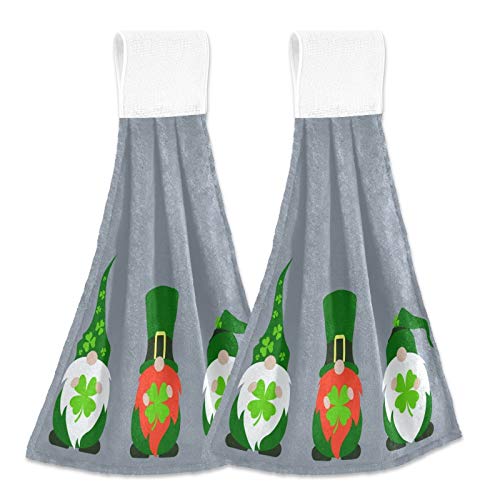 Green Lucky Gnomes Kitchen Hand Towels St. Patrick's Shamrocks Hanging Towel Dishcloths With Loop 2Pcs, Soft Super Absorbent Fingertip Towel For Bathroom Washroom Guestroom Hotel 12X17 In #TOP15