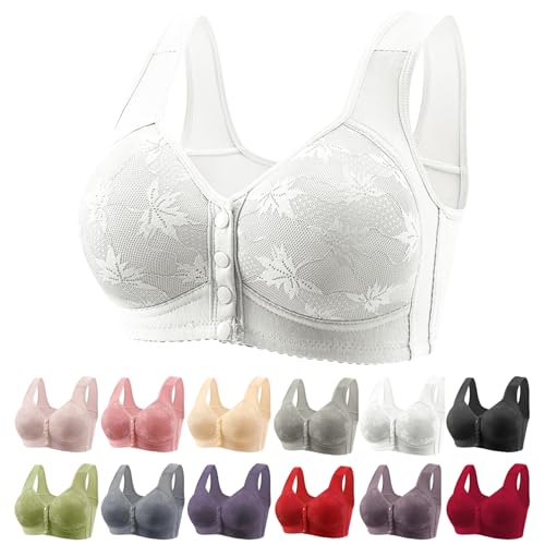 Daisy Bras for Older Women Front Closure Button Fly Lace Wireless Bra with Support for Seniors Plus Size Full Coverage Posture Underwear Comfort Supportive White Full Coverage Push Up Bra L