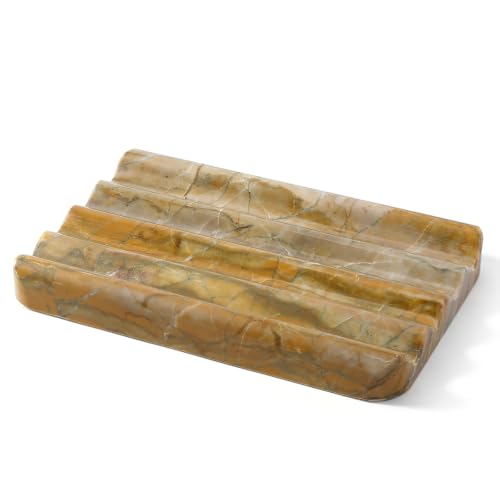 Karibiber Marble Soap Dish, Bar Soap Dish Shower, Green Olive Bathroom Soap Holder, Stone Sponge Holder for Kitchen Sink
