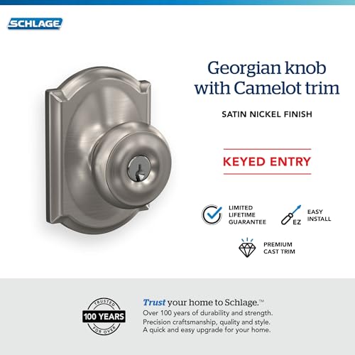 Image of SCHLAGE F51A GEO 619 CAM Georgian Knob with Camelot Trim Keyed Entry Lock, Satin Nickel