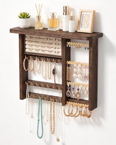 Lolalet Hanging Jewelry Organzier, Wall Mounted Wooden Holder-DarkBrown