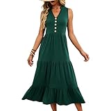 RWGSNB Vestido Largo Sin Mangas Volantes Escote en V Vestido Casual Botones Vestido Largo Fluido Corte A Bolsillos Atuendos Verano Vacaciones en la Playa Mujeres Verde M