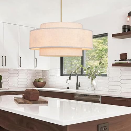 Guang Shuo Large Drum Pendant Light 23.62in Linen Boho Chandelier 6 Light 3-Tier Rustic Dining Room Light Fixture Ceiling Hanging Kitchen Island Lighting by Guang Shuo - Used condition - Image 6