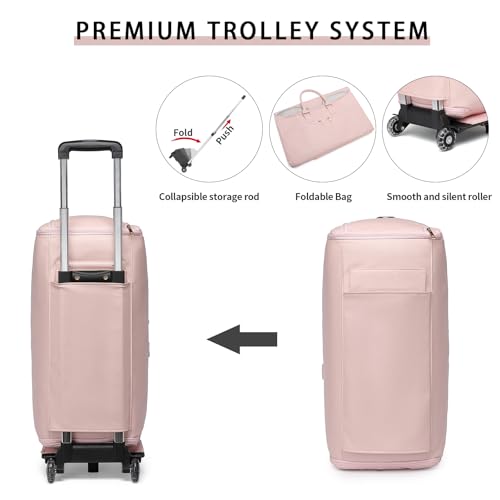 seyfocnia Rolling Garment Bag,Wheeled Garment Bag for Travel with Wheels Overnight Bags with Wheels Carry On Garment Bag with Shoe Compartment Suitcase Convertible Garment Duffle Bag-Pink
