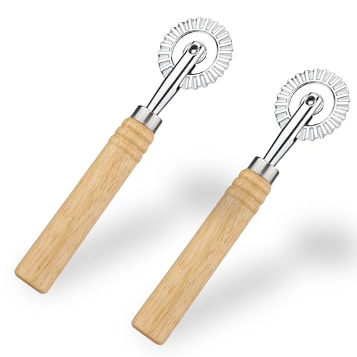 2pcs Roulette Patisserie, Coupe Pâte Roulette avec Manche en Bois Roue de Coupe Ravioli Fabrication de Dentelle de Boulettes Nouilles Rouleau Coupe Pâte pour la Maison la Cuisine