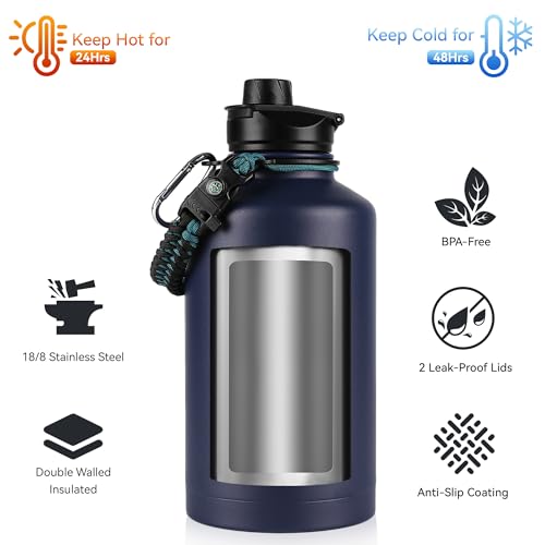 Navy 64 oz Insulated Water Bottle with Straw & Spout Lids