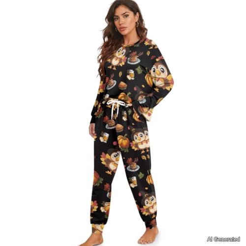 Image of Womens Lounge Set Long Sleeve Soft Pajama Sets Casual 2 Piece Pj Outfit Crewneck Sleepwear with Pockets Plus Size