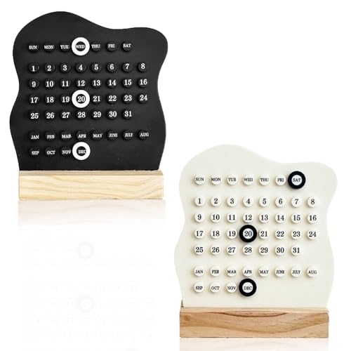 ループ日付マーカー付きパーペチュアルブロックカレンダー2個パック、白黒木製ベース、教室、オフィスデスクアクセサリー、家庭やオフィスでの使用に最適