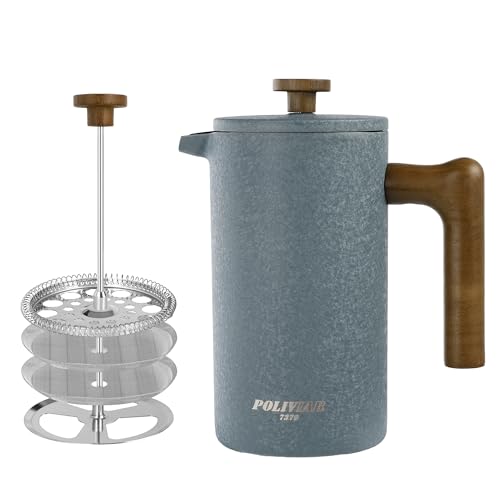 Poliviar French Press Kaffeebereiter 1 Liter/8 Tassen- Doppelwandige Isolierte Kaffeekanne und Teebereiter- Handfilter Kaffeepresse mit Plunger & Griff aus Holz (JX2023-FPLU-DE) 1