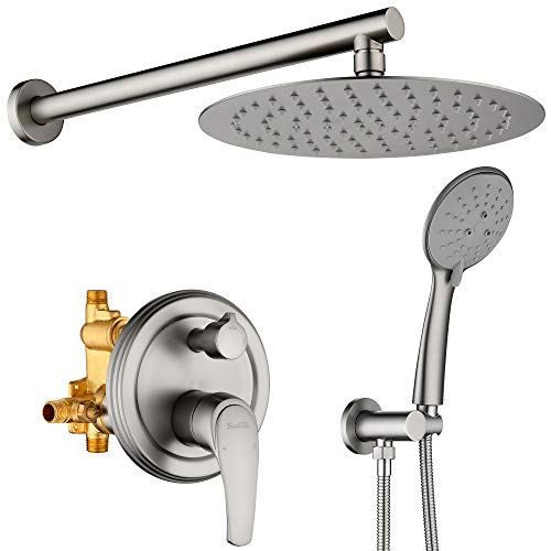 Weekly Top Sale SHAMANDA Shower System, Shower Faucets Sets Complete with High Pressure 10" Rain Shower Head and 5-Setting Handheld Shower Head(Round-In Valve and Trim Included) Wall Mounted, Brushed Nickel, L02-2