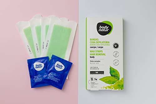 BODYNATUR-Bandas-Cera-Depilatoria-Cuerpo-Pieles-Normales-Depilacion-Mujer-Enriquecidas-con-Te-Matcha-16-Bandas-y-2-Toallitas