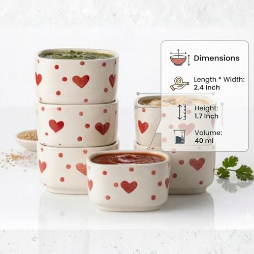 Image of Freakway Ceramic Dip Bowls with Heart shapeDesign, White and Red, Set of 6, Microwave Safe, 40 ml