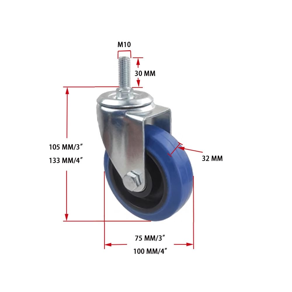 Zestaw 4 kół z gwintem M10, gumowe koła 3/4 cala, ciche koła z hamulcami do szafek, stołów, szafek (Swivel, 3 cala)