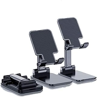 Fold Mobile Phone Stand for Desk, Aluminum Alloy Portable Tablet Stand Desktop Angle Height Adjustable Desktop Phone Holder with Mobile Phone/iPad/Kindle/Tablet-Black
