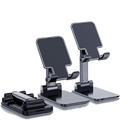Fold Mobile Phone Stand for Desk, Aluminum Alloy Portable Tablet Stand Desktop Angle Height Adjustable Desktop Phone Holder with Mobile Phone/iPad/Kindle/Tablet-Black Cover