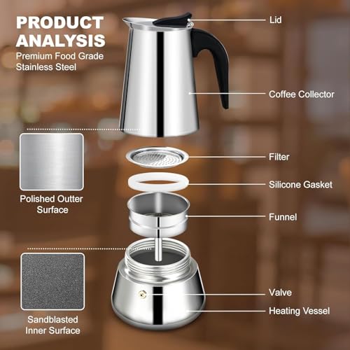 Image of Humongous 6 Cup Stovetop Maker Stainless Steel Moka Pot Maker Percolator Italian Coffee Maker Capable Mocha Coffee Machine Cafe Classic Maker for Home and Camping 300ml 10oz