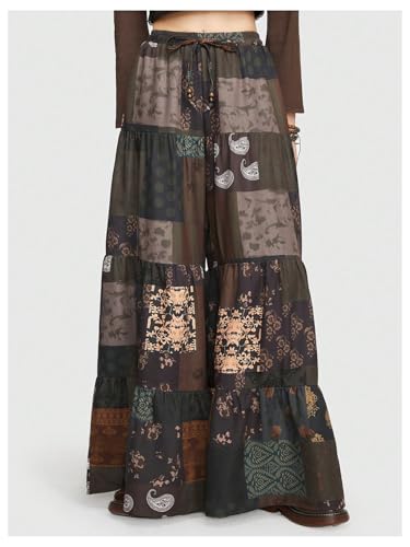 Verdusa Women's Hippie Ruffle Flowy Wide Leg Pants Elastic Waist Vintage Loose Palazzo Pants3