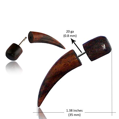 Spike Fake Taper Gauges for Women or Men - Faux Gauge Earrings with Organic Wood and Surgical Steel - Fake Plugs Sold as a Pair in Black or Brown2