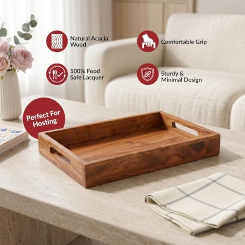 Image of Nestasia Wooden Serving Tray with Handles (36x20cm) - Acacia Wood Rectangular Brown Tray for Dining & Coffee Table | Platter for Serving Tea, Cakes, Snacks, Breakfast & Home Decor (Warm Honey-Brown)